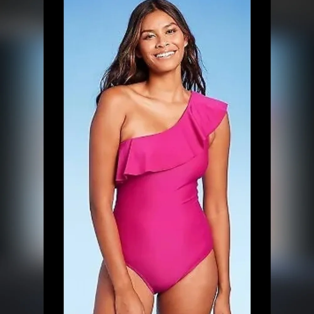 Kona Sol One Piece Swimsuit Ruffle One Shoulder Full Coverage Seat Hot Pink - Picture 14 of 15